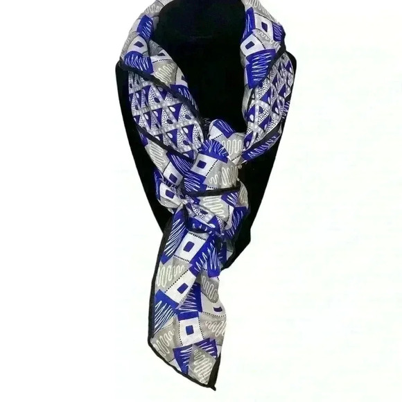 Vintage Silk Scarf in Blue Silver and Black Retro Design by Anne Klein - Picture 1 of 7